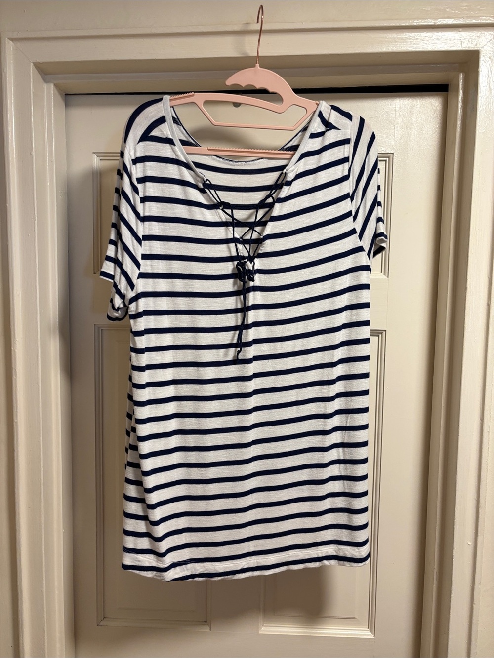 Old Navy White and Navy Striped Lace-Up Short Sleeve Tee